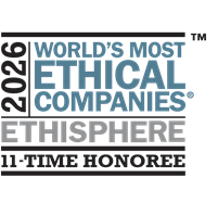 Blue and black 2026 World's Most Ethical Companies award logo, 11-time honoree