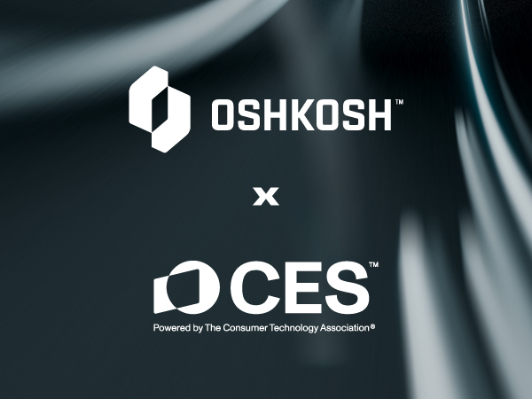 Blue graphic with white Oshkosh logo x CES logo 
