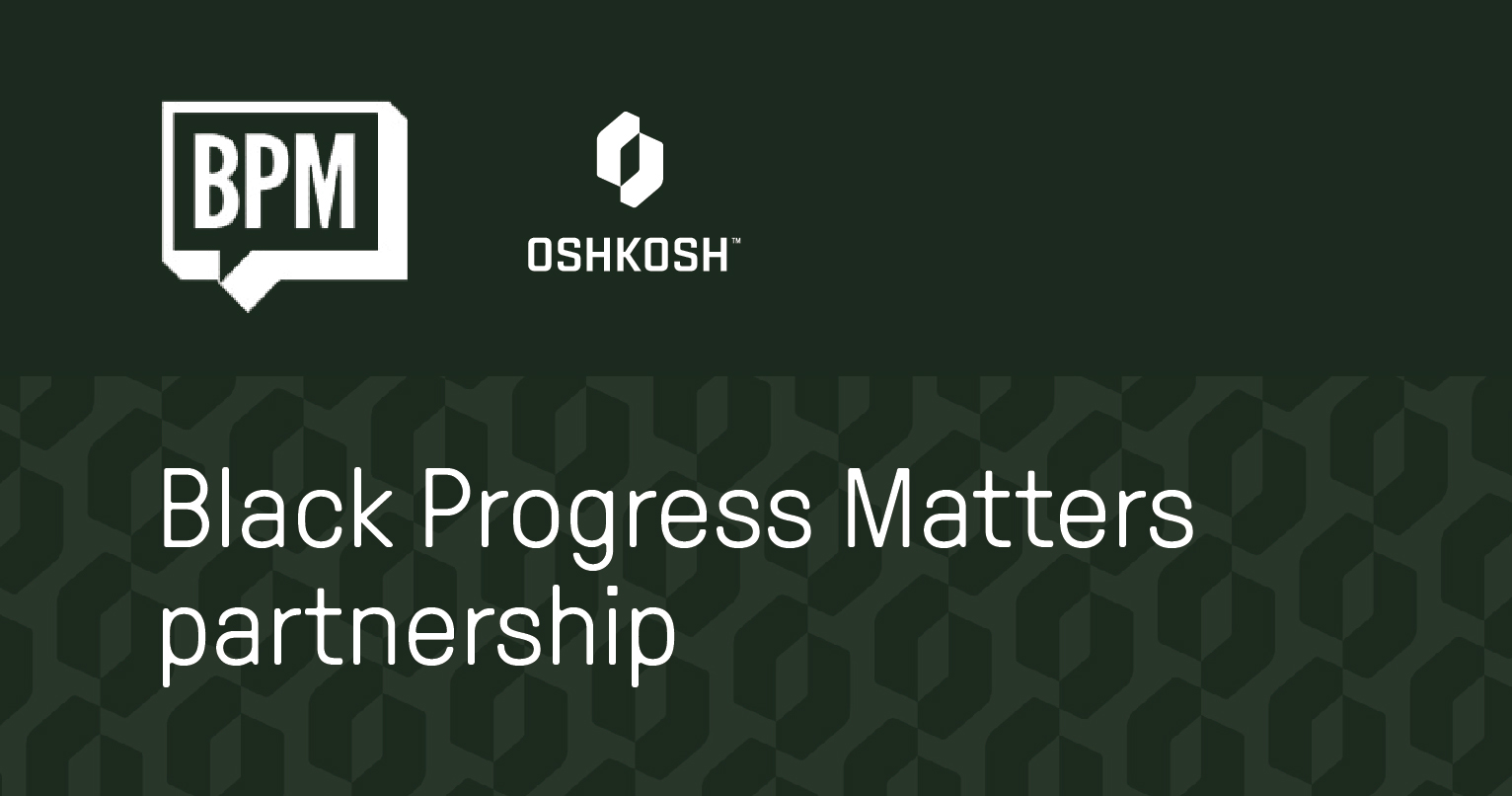 Black Partner Matters partnership graphic with green background, Oshkosh Corporation logo and BPM logo